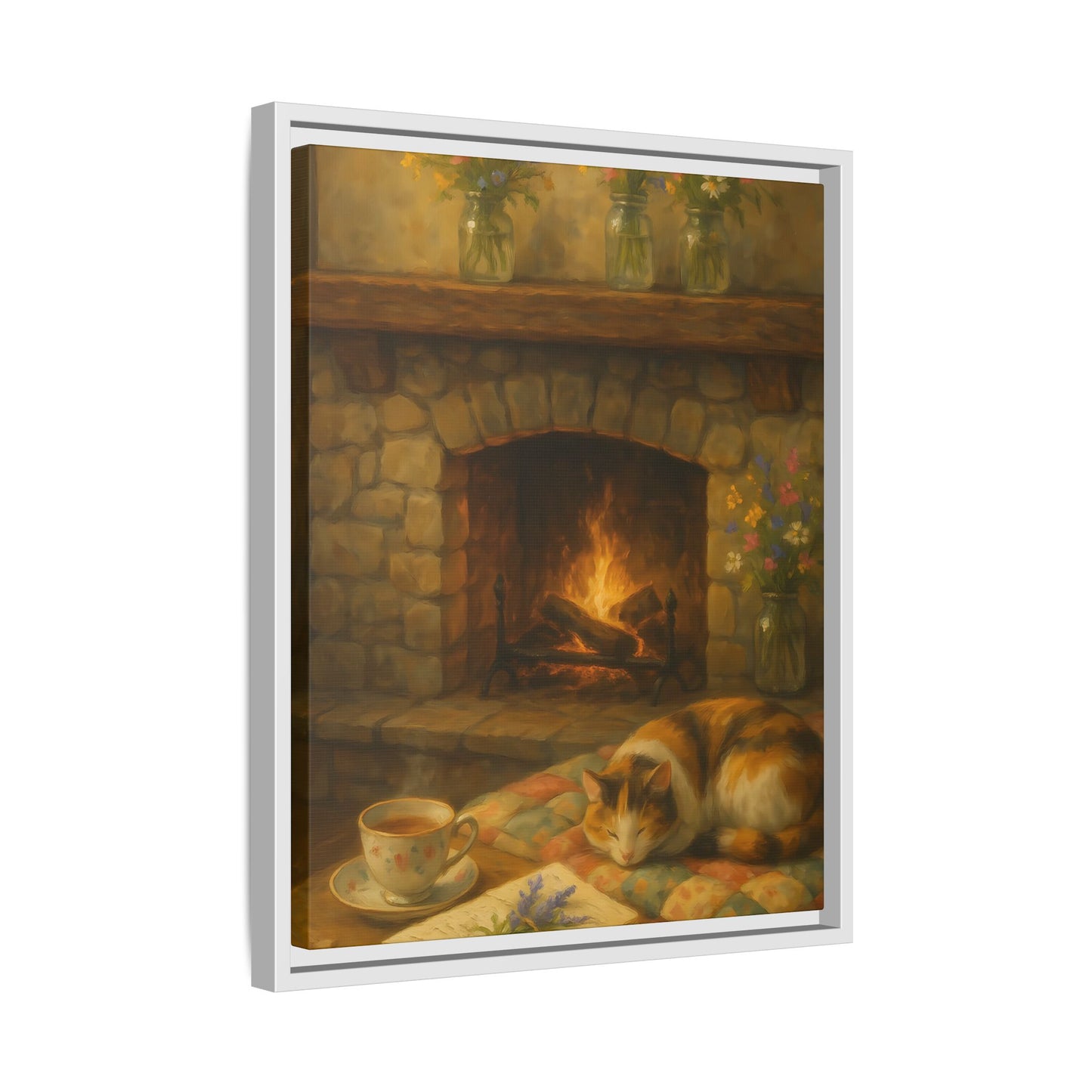 Hearthside Comfort – Framed Matte Canvas with Cat, Fireplace & Tea