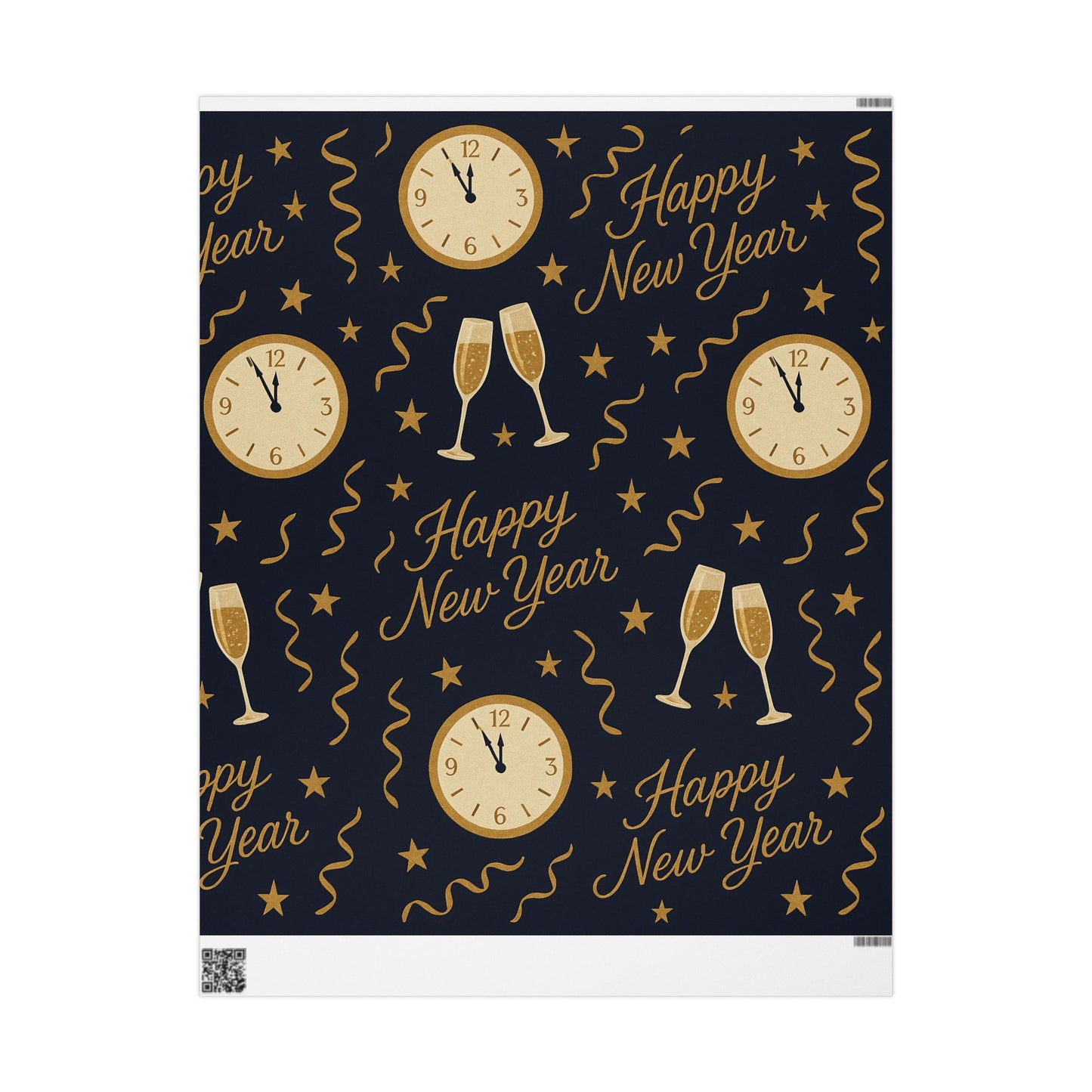 Midnight Celebration New Year Wrapping Paper – Clocks, Champagne & Confetti on Navy
