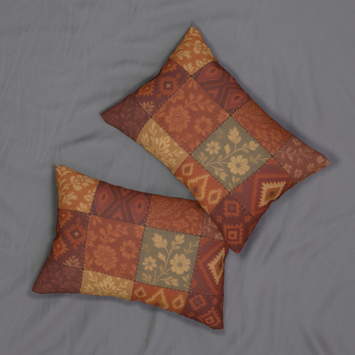 Rustic Patchwork Lumbar Throw Pillow – Boho Floral & Geometric Design