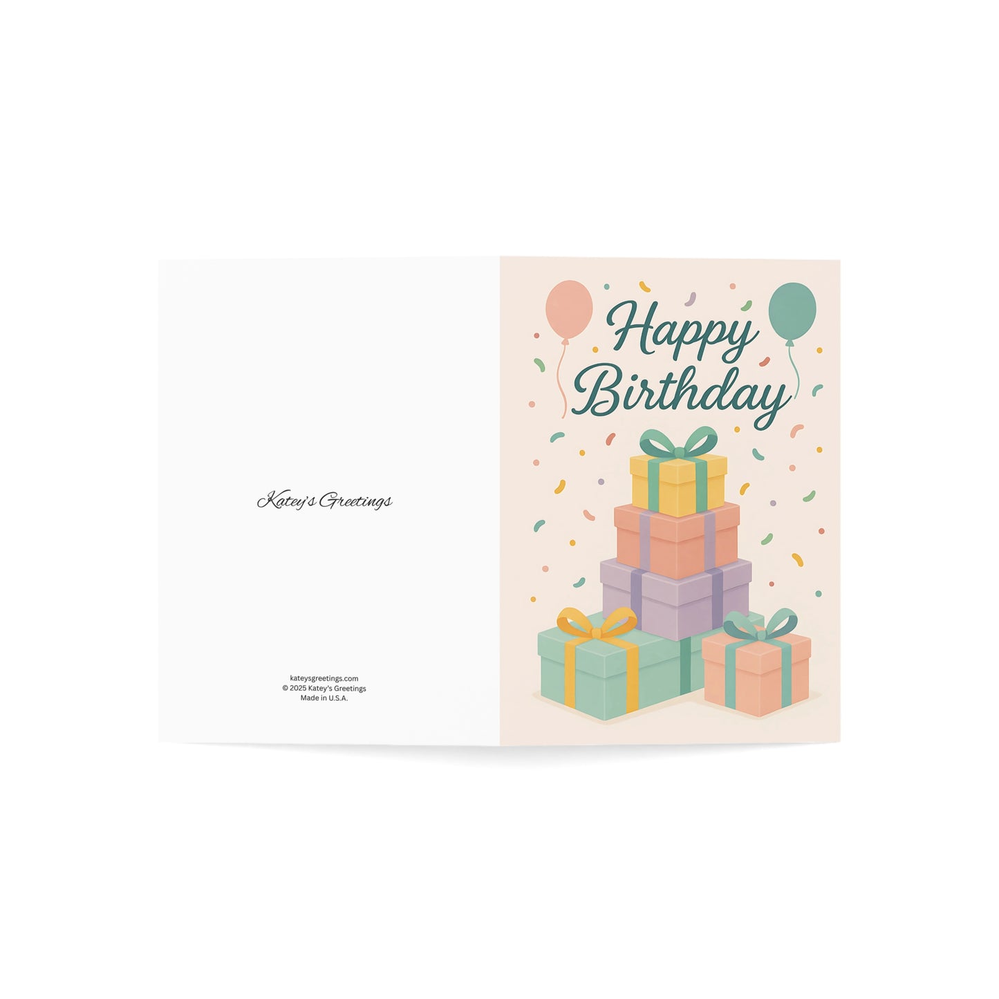 Blank Inside Happy Birthday Card with Pastel Gift Stack, Balloons & Confetti