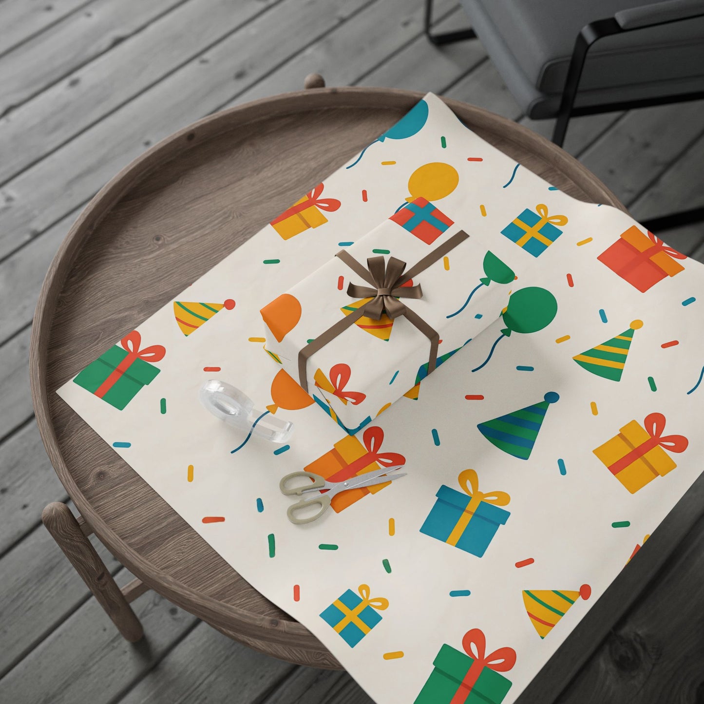 Colorful Birthday Party Wrapping Paper – Balloons, Gifts & Confetti on Cream Background