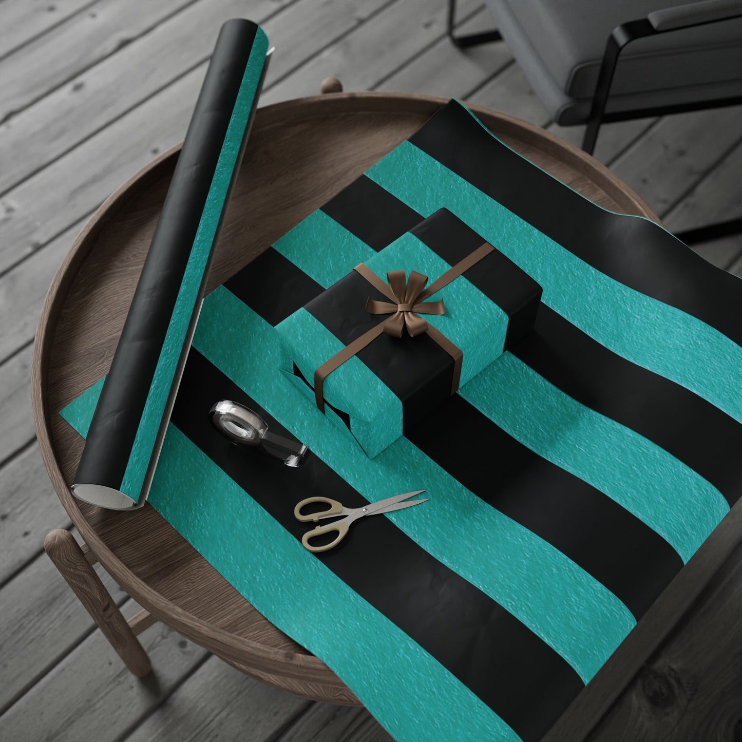 Black and Teal Striped Luxury Wrapping Paper – Glossy or Matte Finish, Durable 90gsm