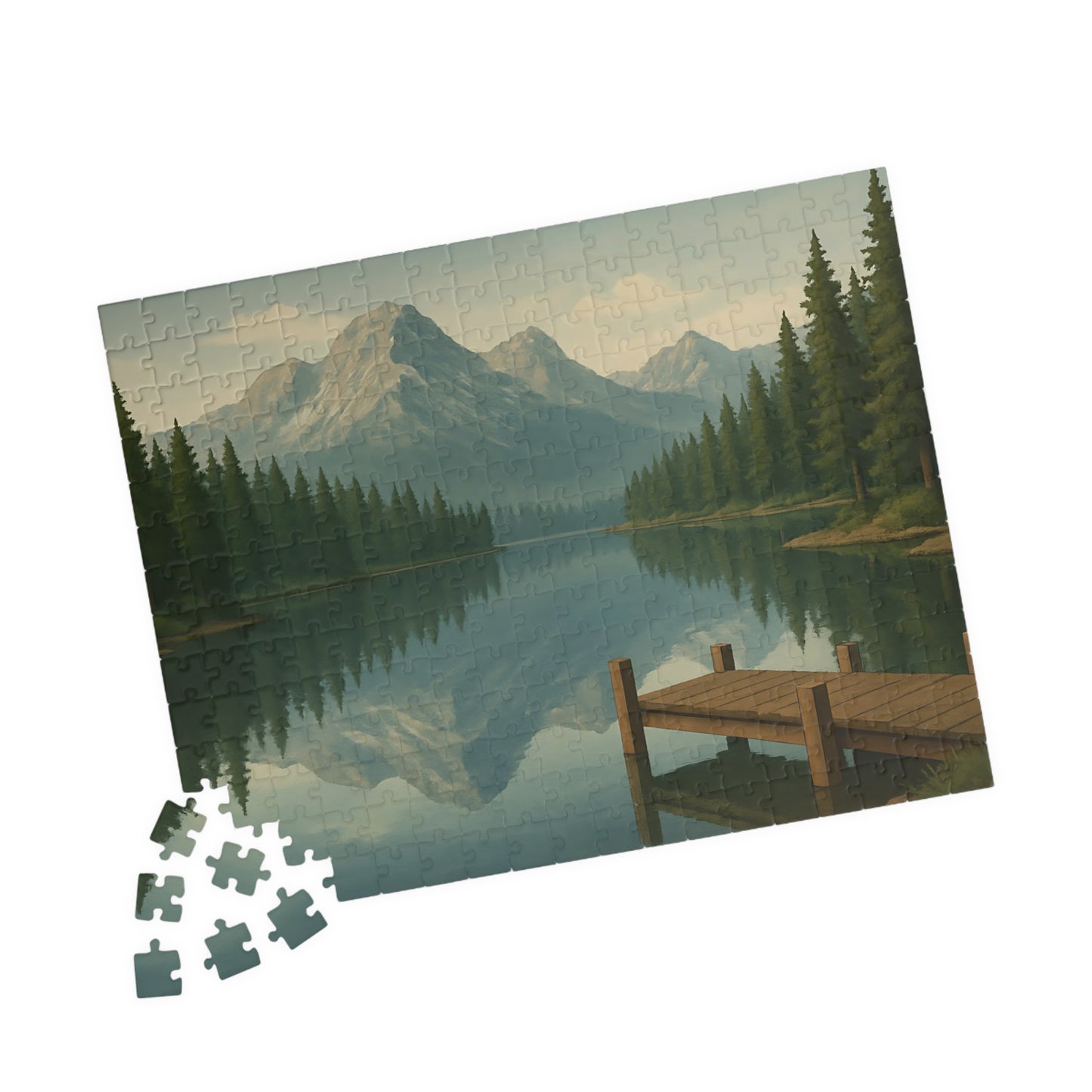 Mountain Lake Reflection Jigsaw Puzzle – Scenic Nature Dock View