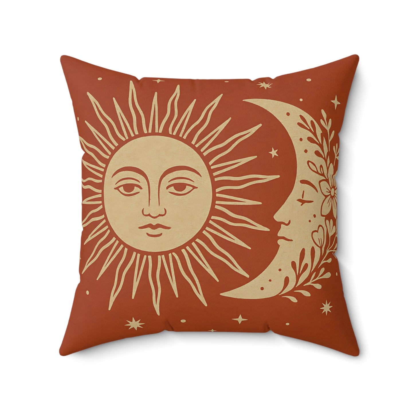 Celestial Sun & Moon Throw Pillow – Boho Decorative Cushion in Terracotta with Double-Sided Print