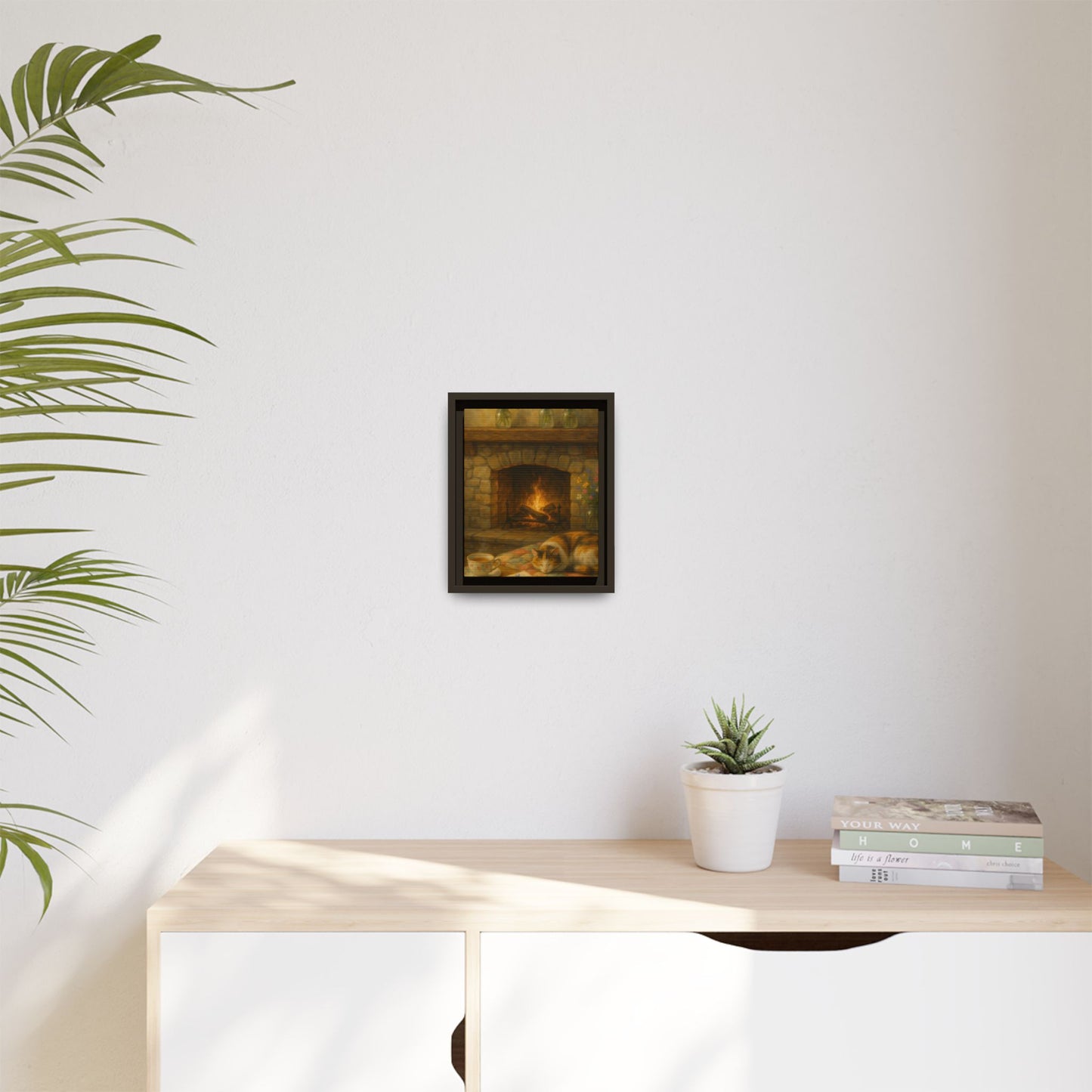 Hearthside Comfort – Framed Matte Canvas with Cat, Fireplace & Tea