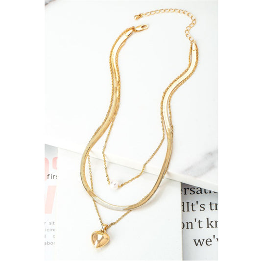3 Row Herringbone Chain Pearl and Puffy Heart Necklace