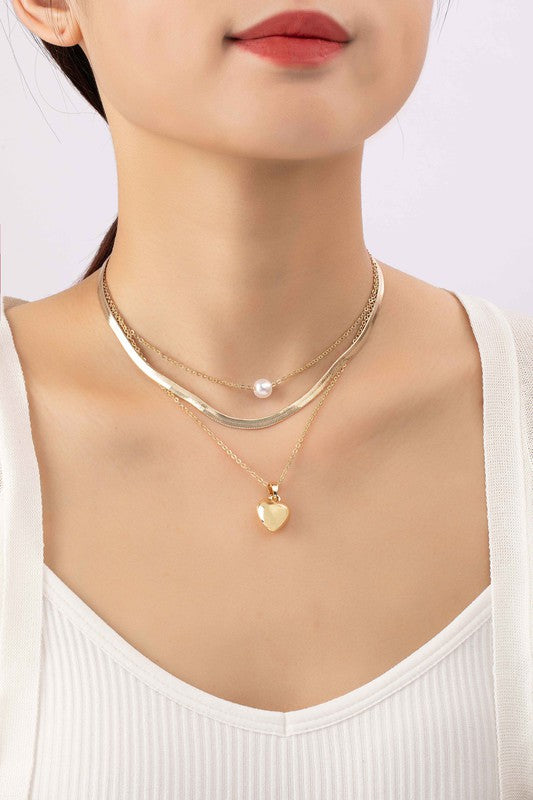 3 Row Herringbone Chain Pearl and Puffy Heart Necklace on Model