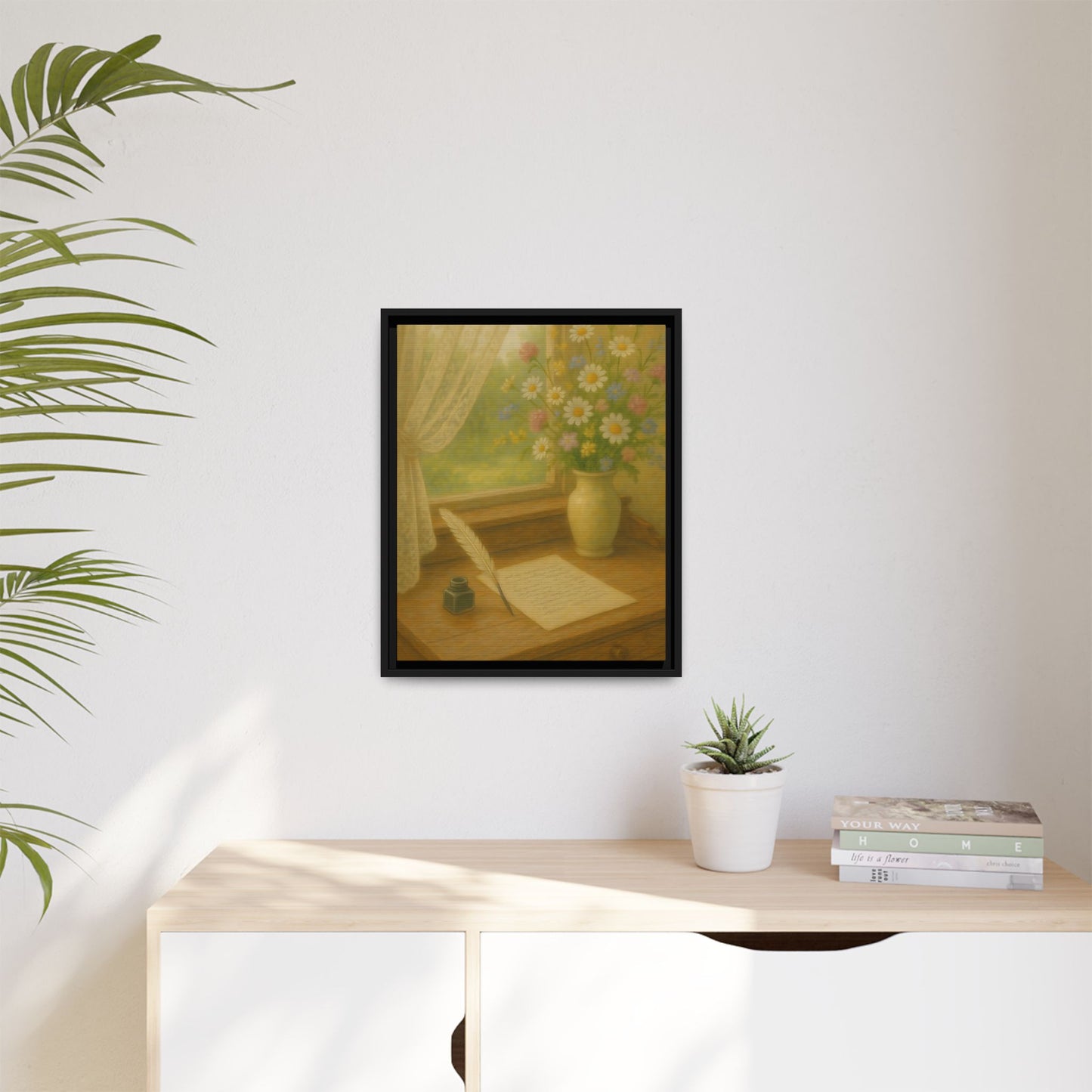 Sunlit Writing Desk – Framed Matte Canvas Art of Quill, Flowers & Lace Window