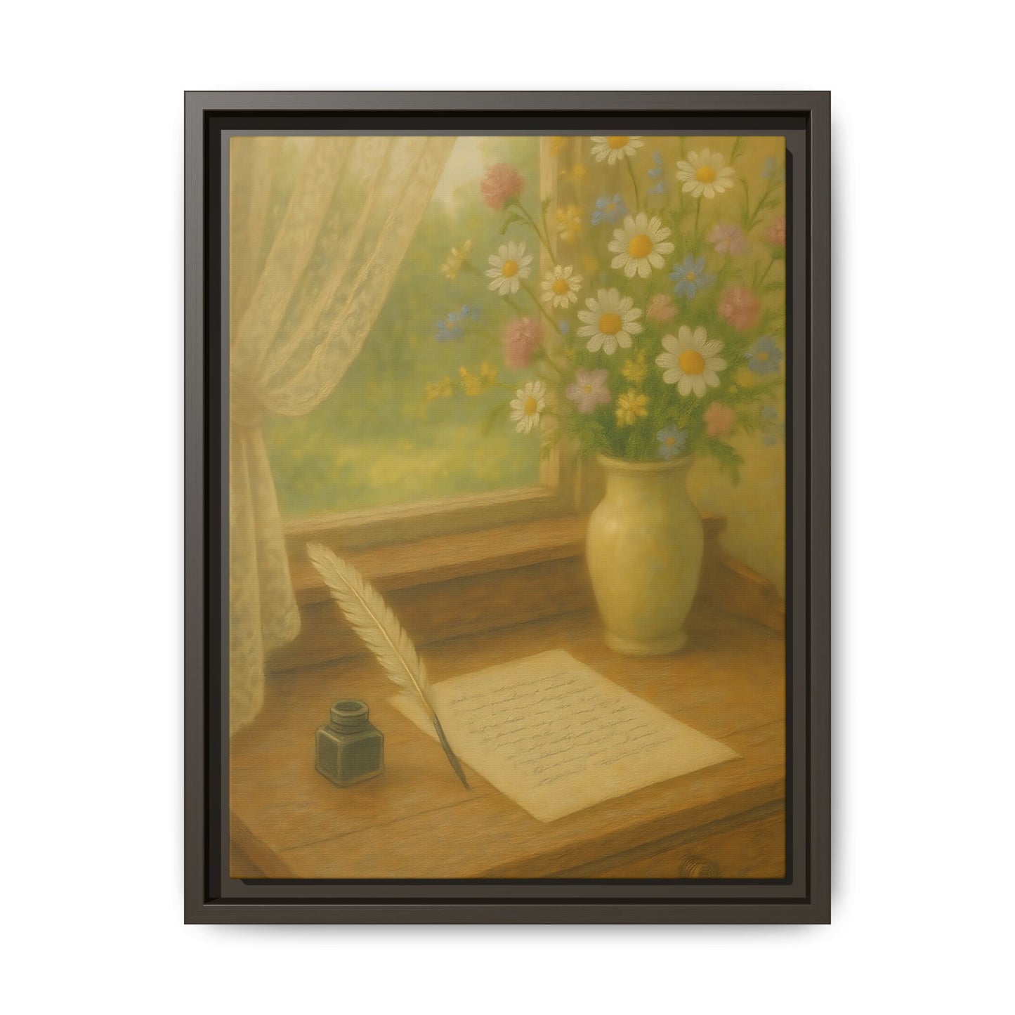 Sunlit Writing Desk – Framed Matte Canvas Art of Quill, Flowers & Lace Window