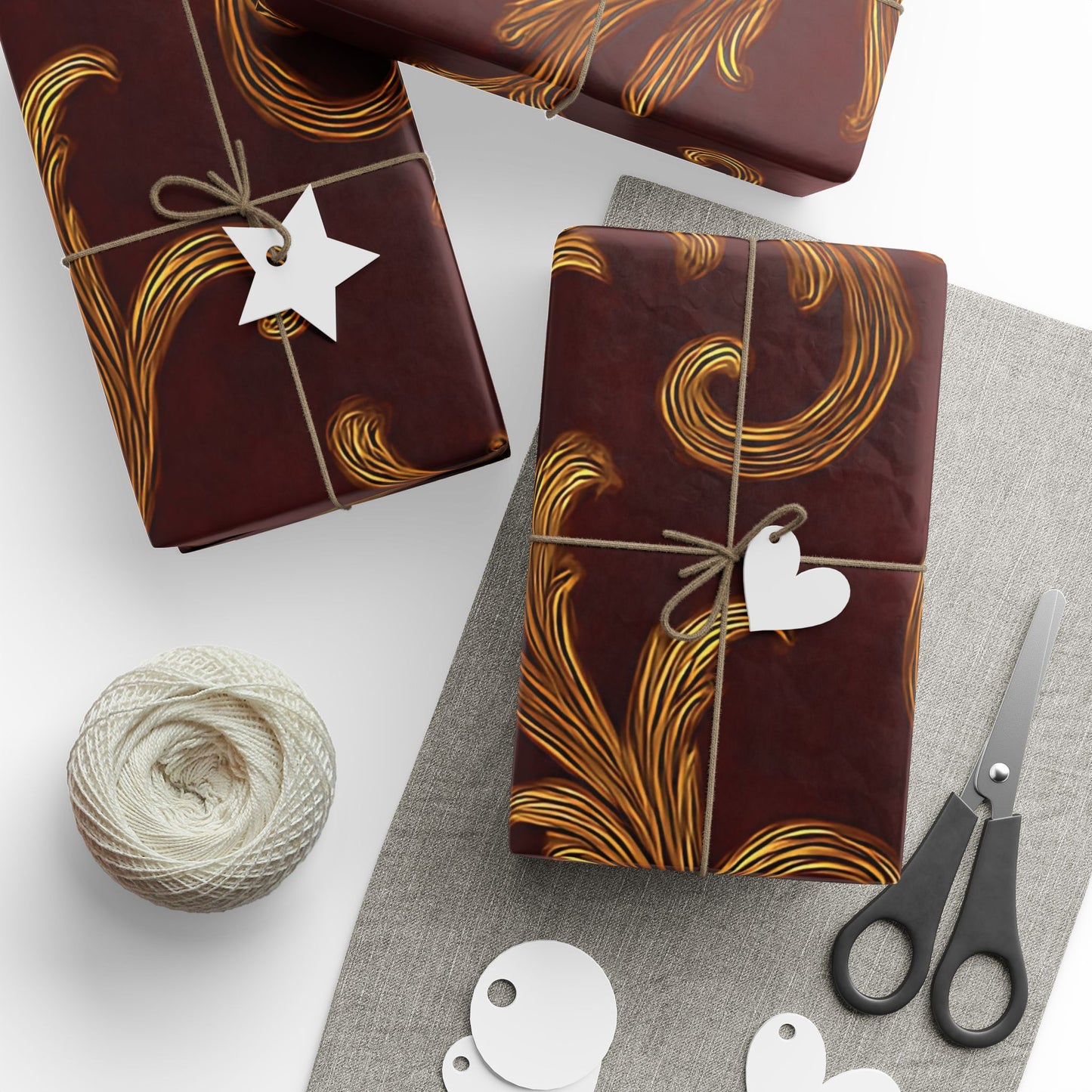 Burgundy & Gold Baroque Scroll Wrapping Paper – Luxurious Gift Wrap in Glossy or Matte Finish