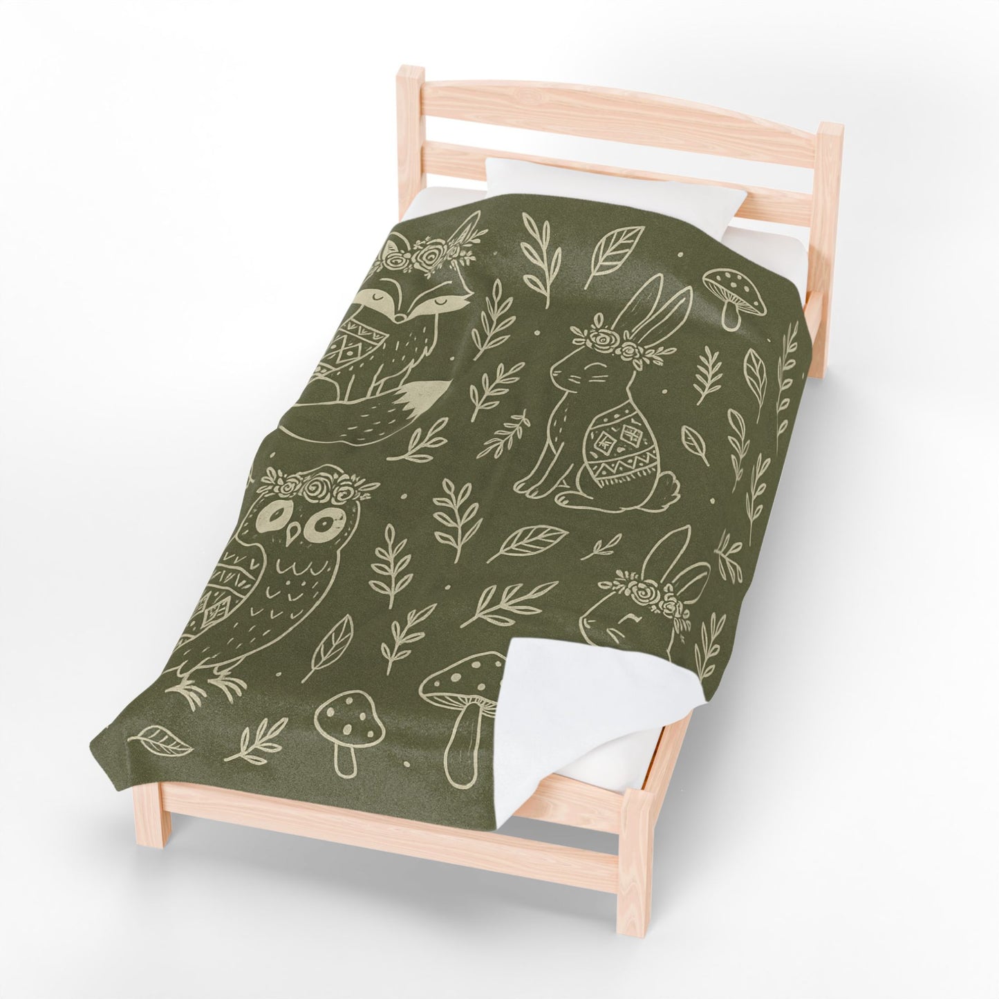 Boho Woodland Animal Velveteen Plush Blanket – Forest Green