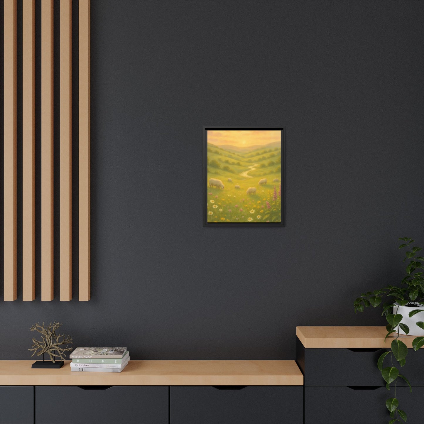 Golden Meadow Sunrise – Framed Matte Canvas Pastoral Landscape Art