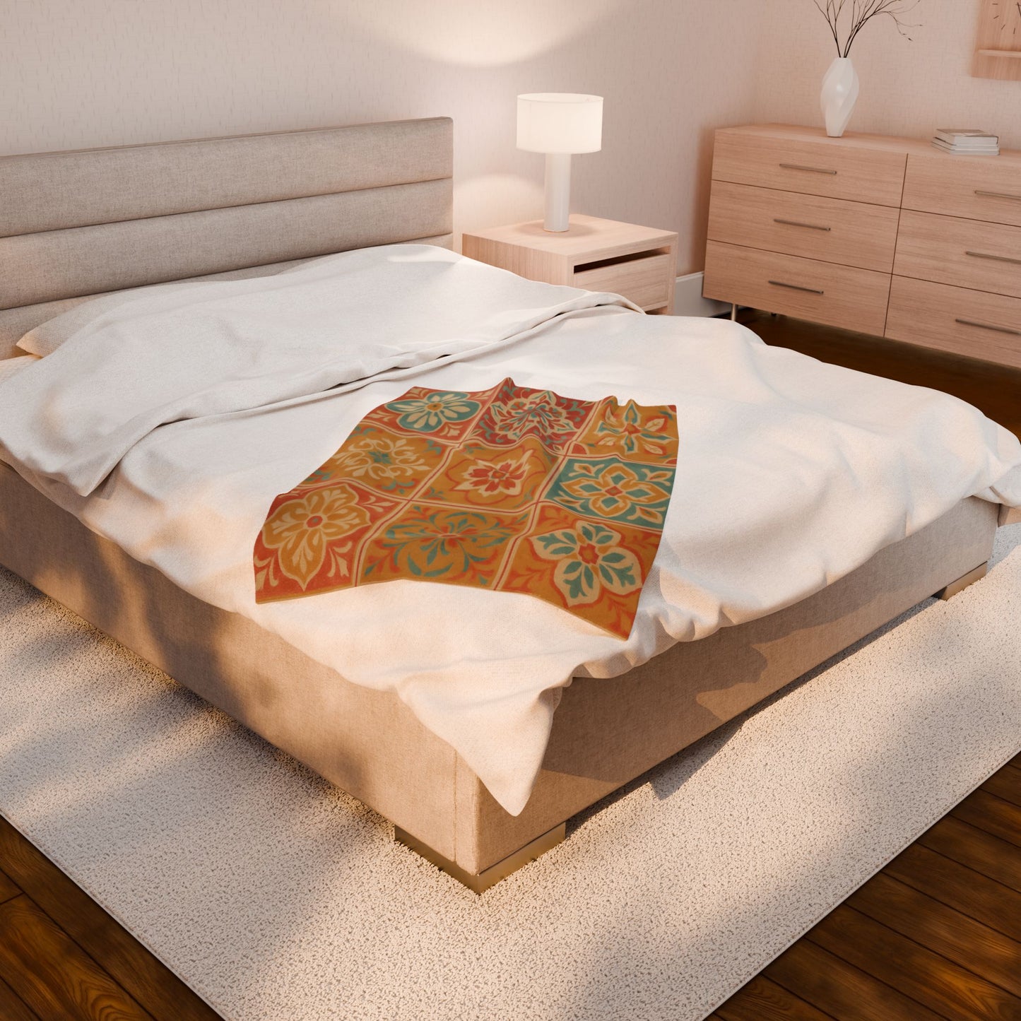 Spanish Tile Pattern Velveteen Plush Blanket – Warm Earth Tones