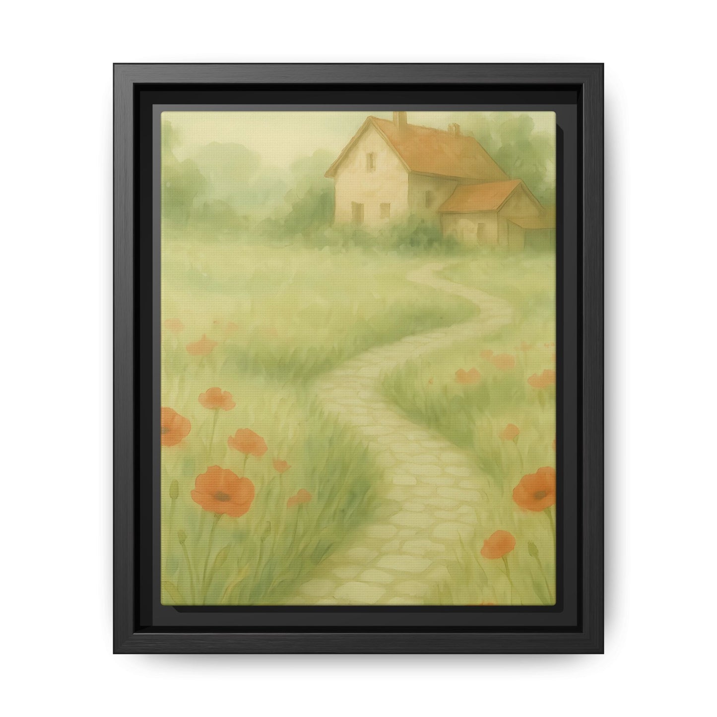 Poppy Path to Home – Framed Matte Canvas of Cottage & Flower Field Landscape