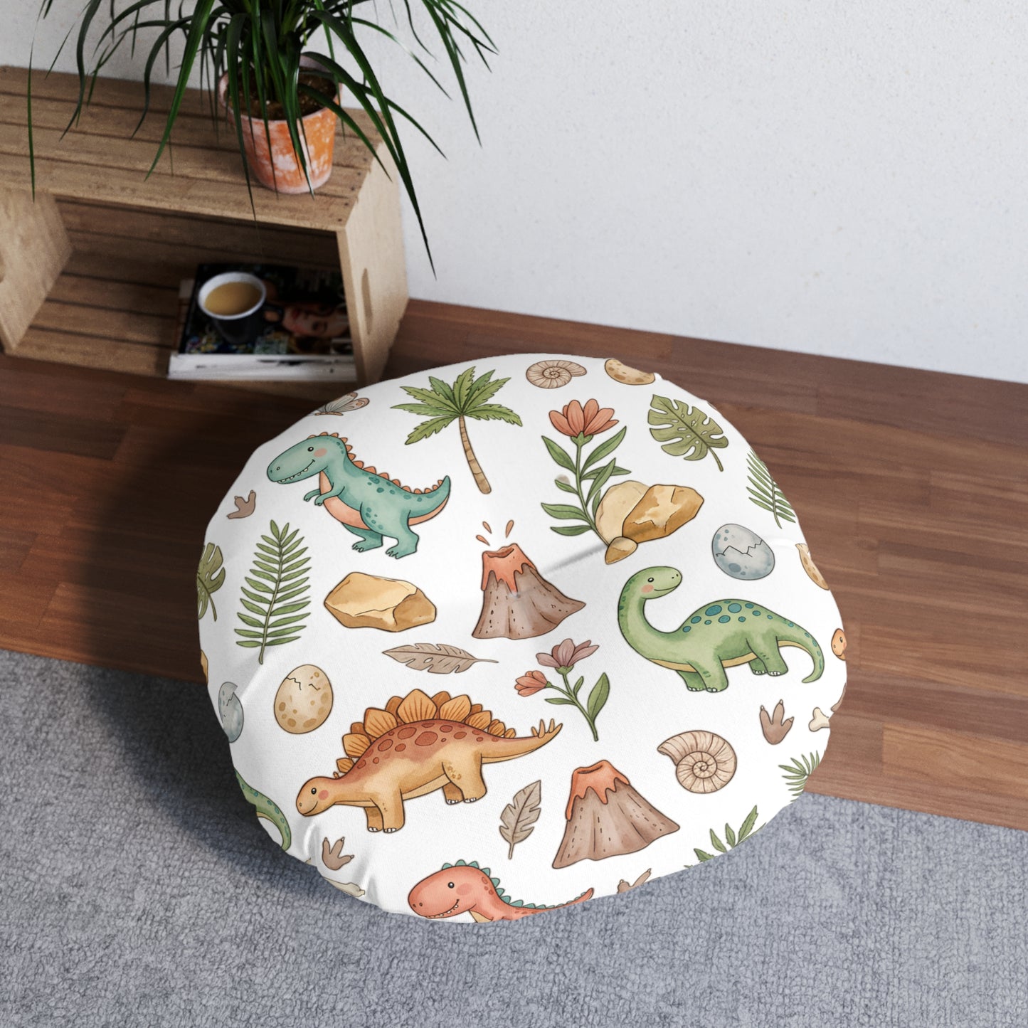 Round Tufted Floor Pillow — Cute Watercolor Dinosaur Pattern for Kids’ Room