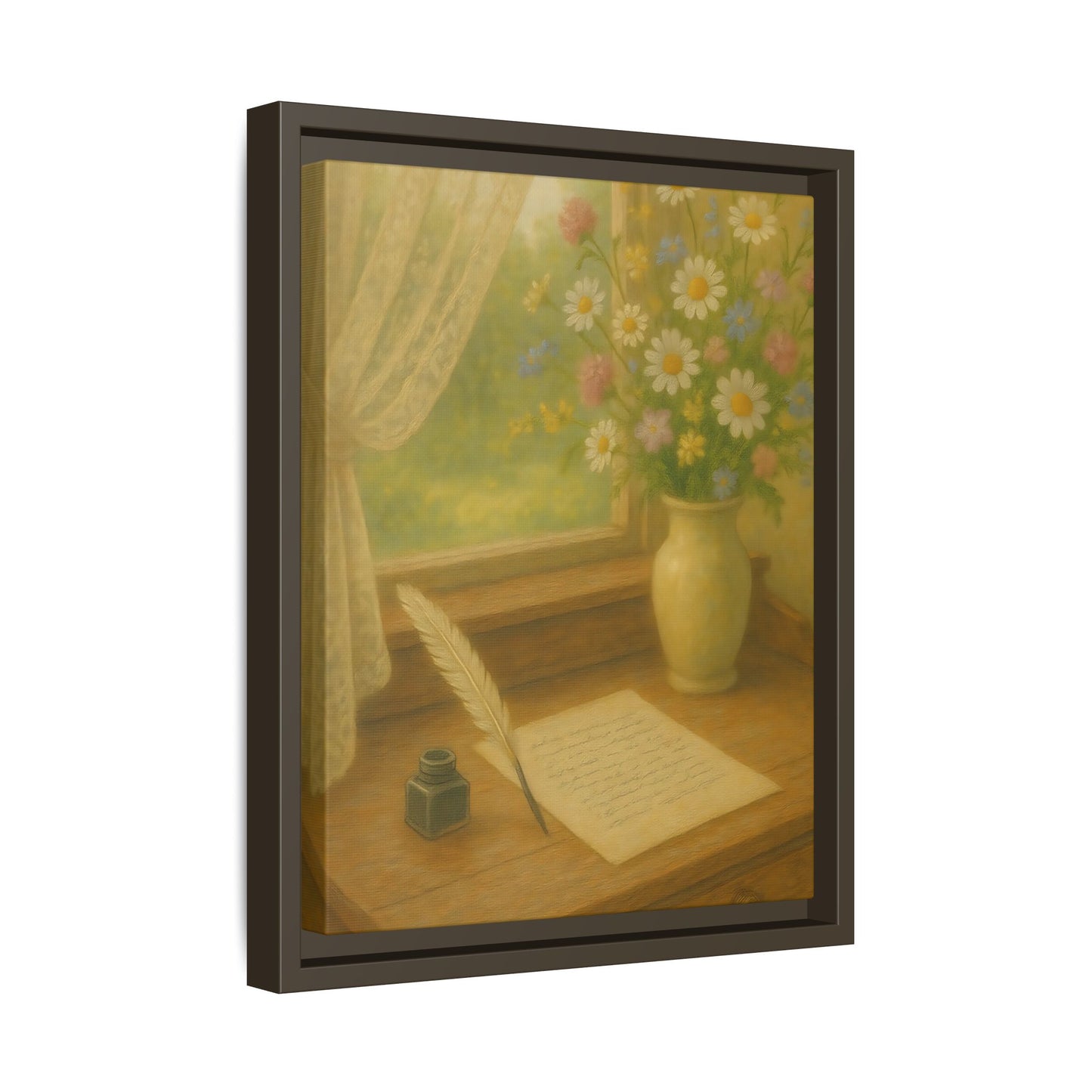 Sunlit Writing Desk – Framed Matte Canvas Art of Quill, Flowers & Lace Window