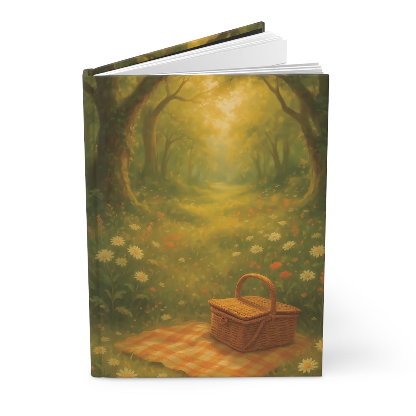 Golden Picnic Path Hardcover Journal – Whimsical Forest & Basket-Inspired Notebook