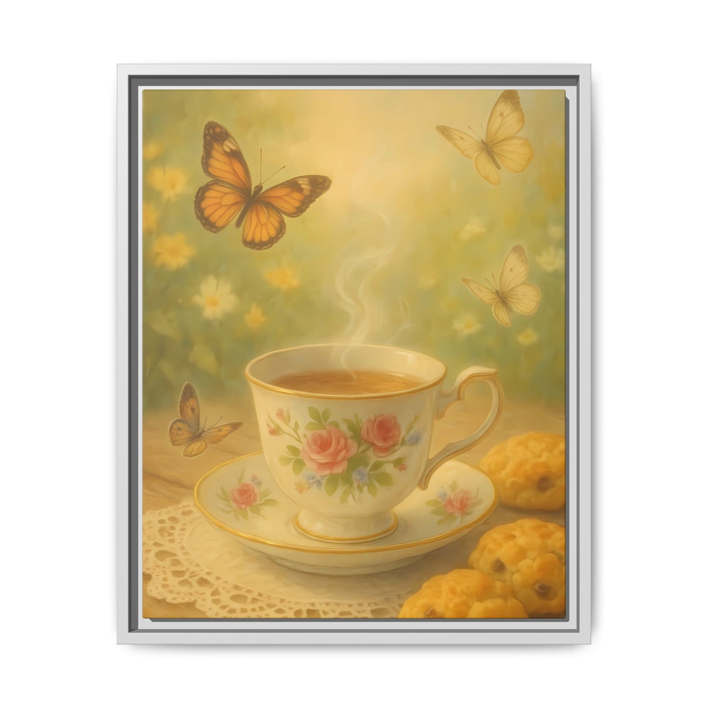 Tea & Butterflies – Framed Matte Canvas of Vintage Teacup and Garden Scene
