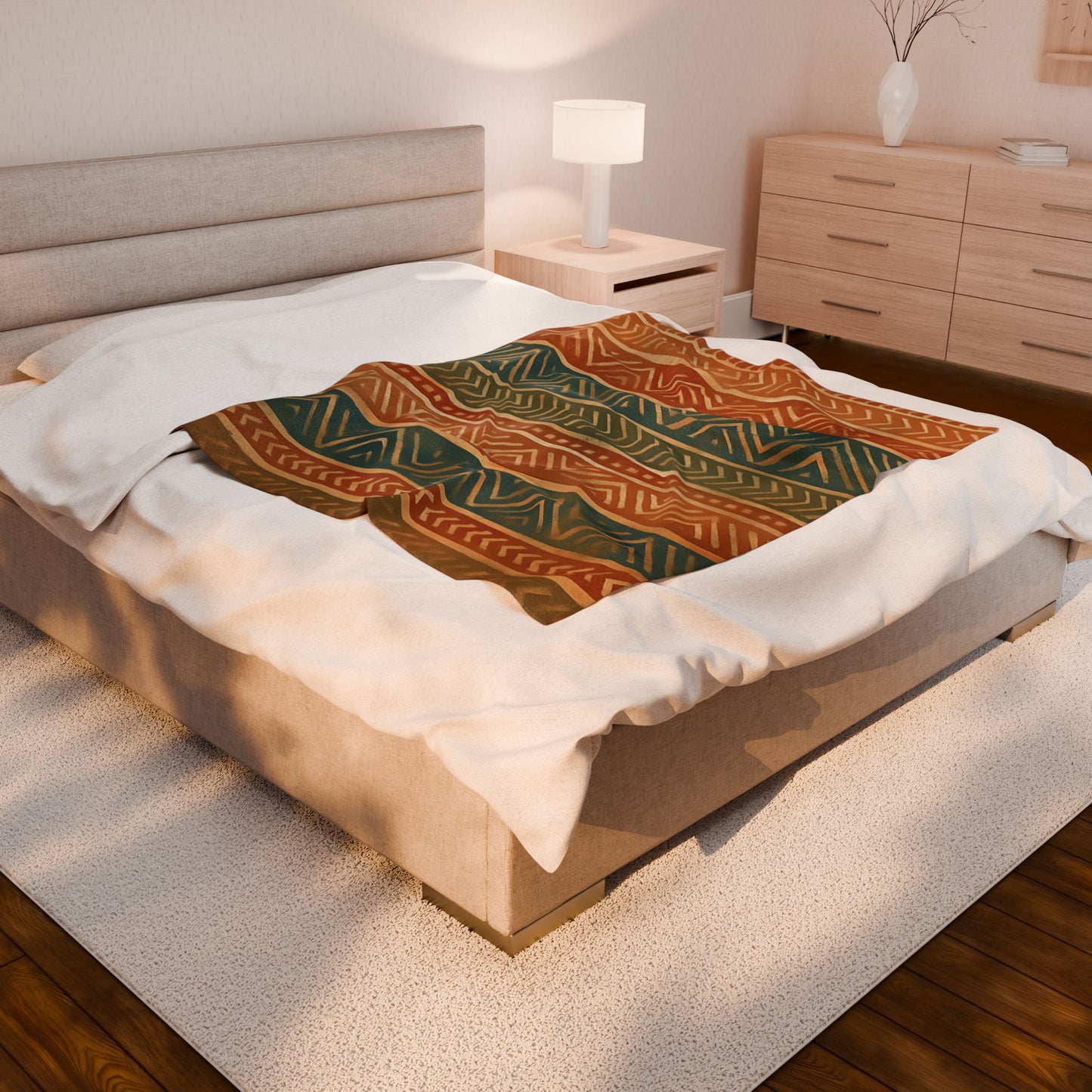 Tribal Aztec Velveteen Plush Blanket - Soft Boho Throw with Earth Tones and a Vibrant Geometric Print