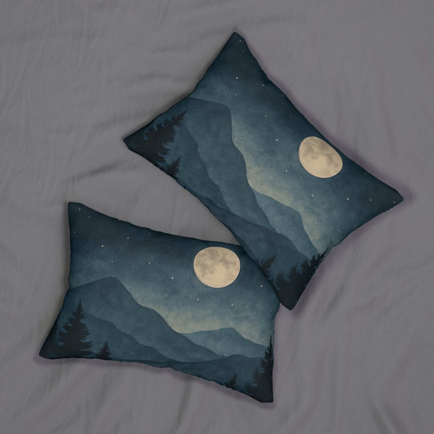 Moonlit Mountain Landscape Lumbar Pillow – Tranquil Forest Night Scene