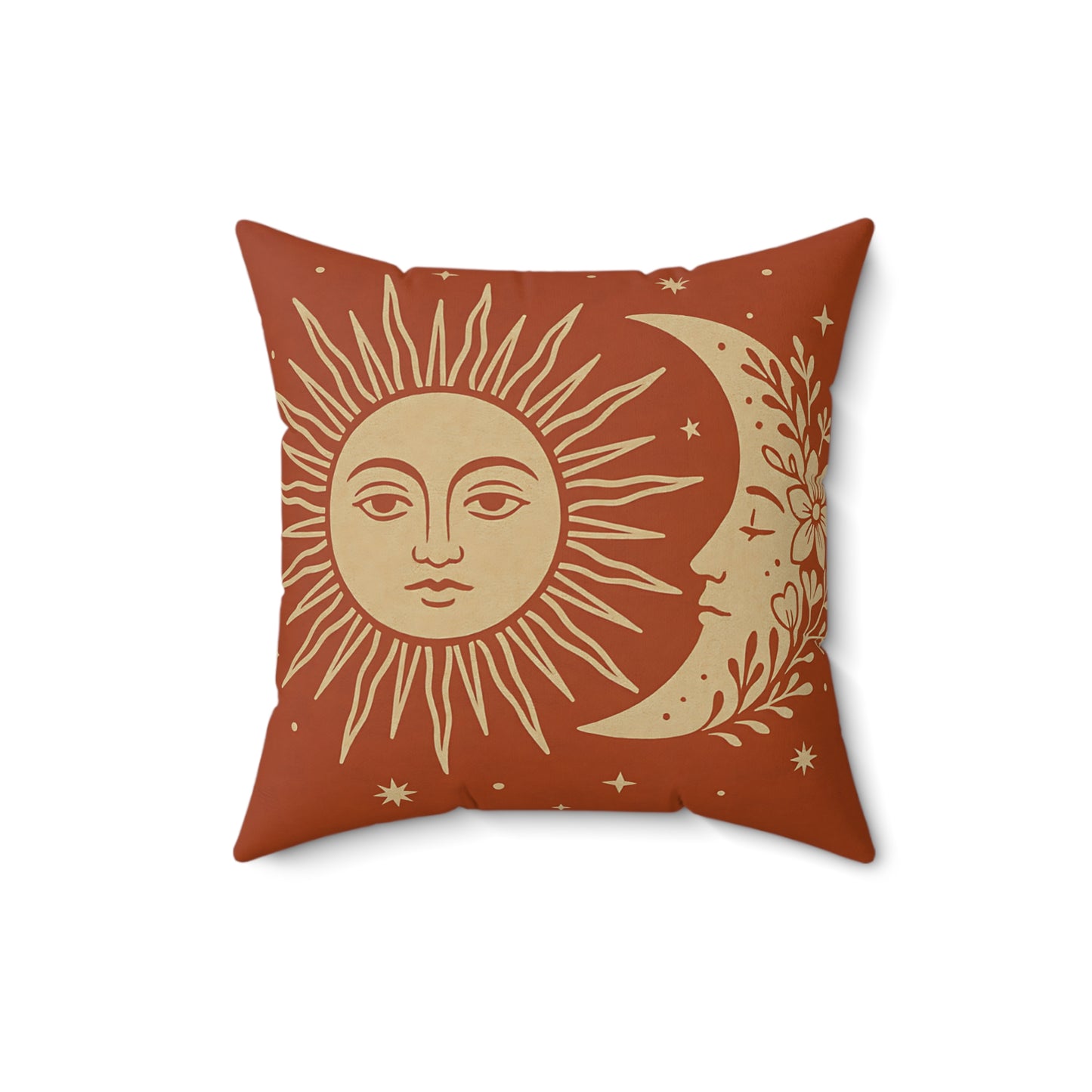 Celestial Sun & Moon Throw Pillow – Boho Decorative Cushion in Terracotta with Double-Sided Print