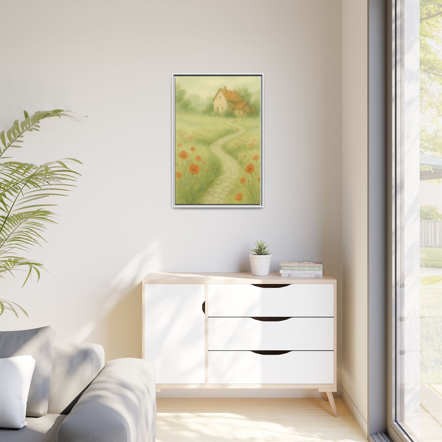 Poppy Path to Home – Framed Matte Canvas of Cottage & Flower Field Landscape
