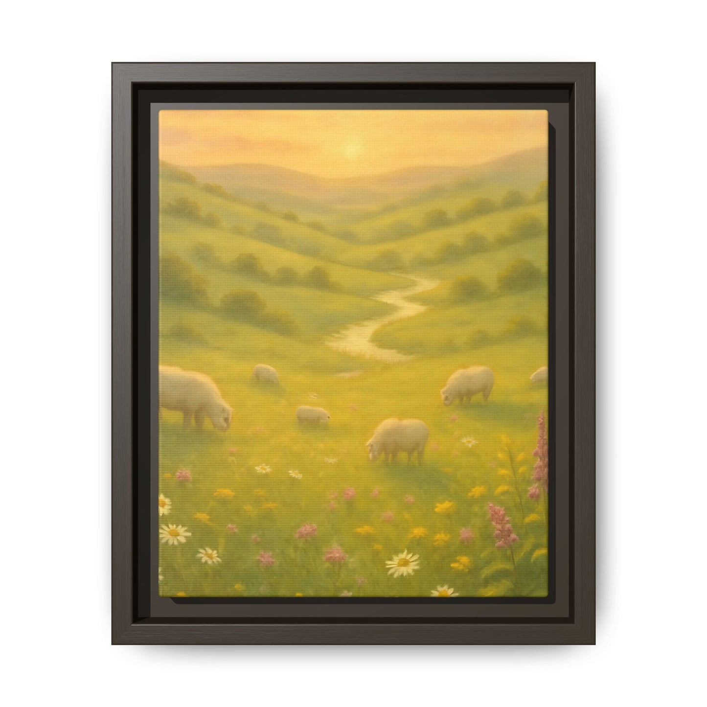 Golden Meadow Sunrise – Framed Matte Canvas Pastoral Landscape Art