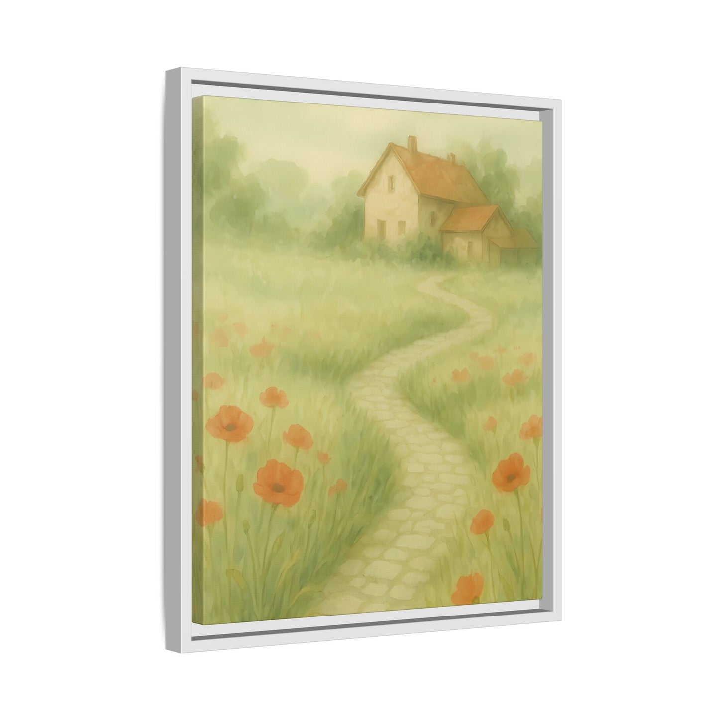 Poppy Path to Home – Framed Matte Canvas of Cottage & Flower Field Landscape