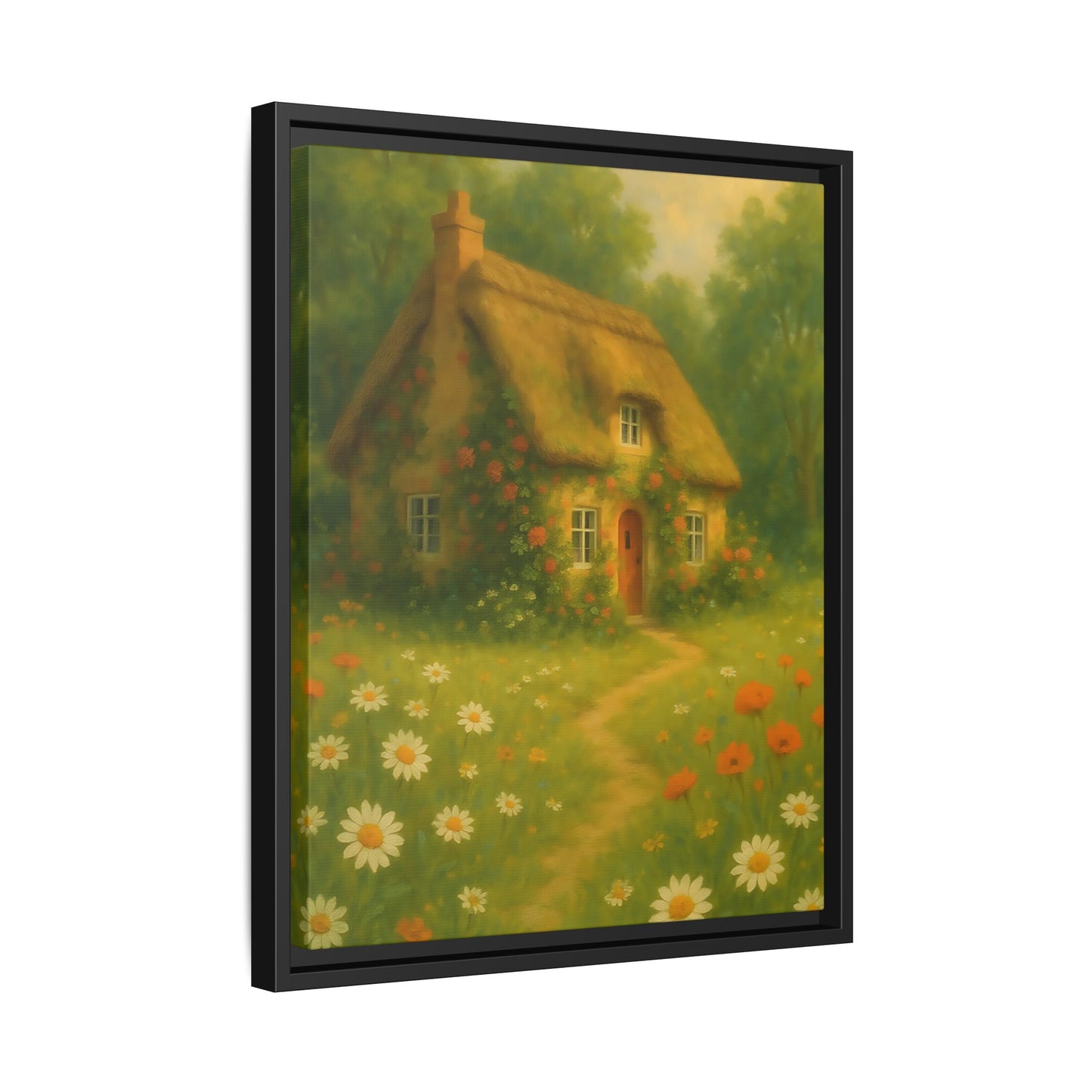 Cottage in Bloom – Framed Matte Canvas Art of Thatched Cottage & Wildflowers