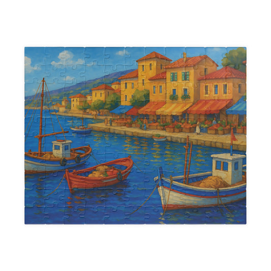 Mediterranean Harbor Jigsaw Puzzle – Colorful Coastal Village with Fishing Boats