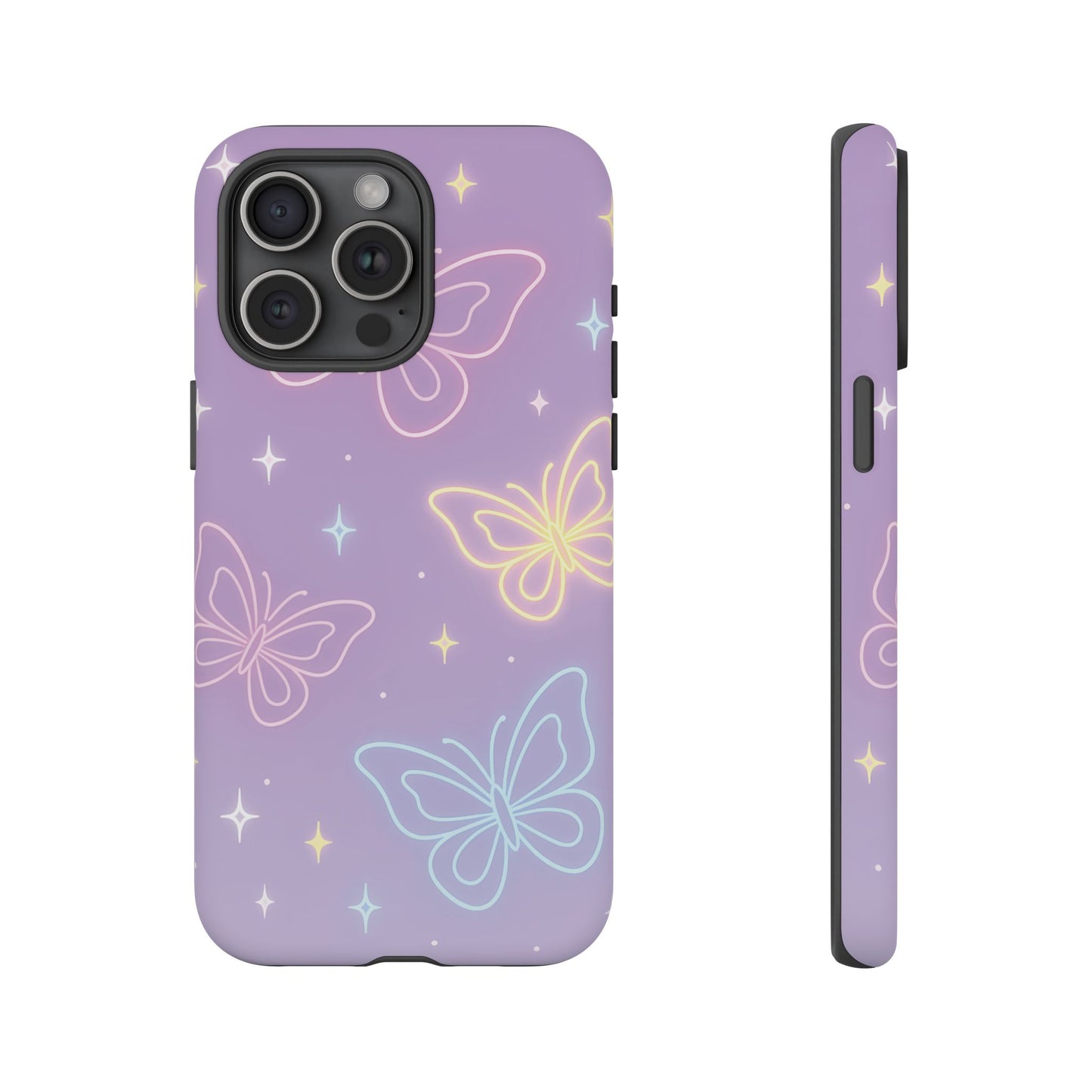 Pastel Butterfly Dream Phone Case – Purple Neon Glow with Stars