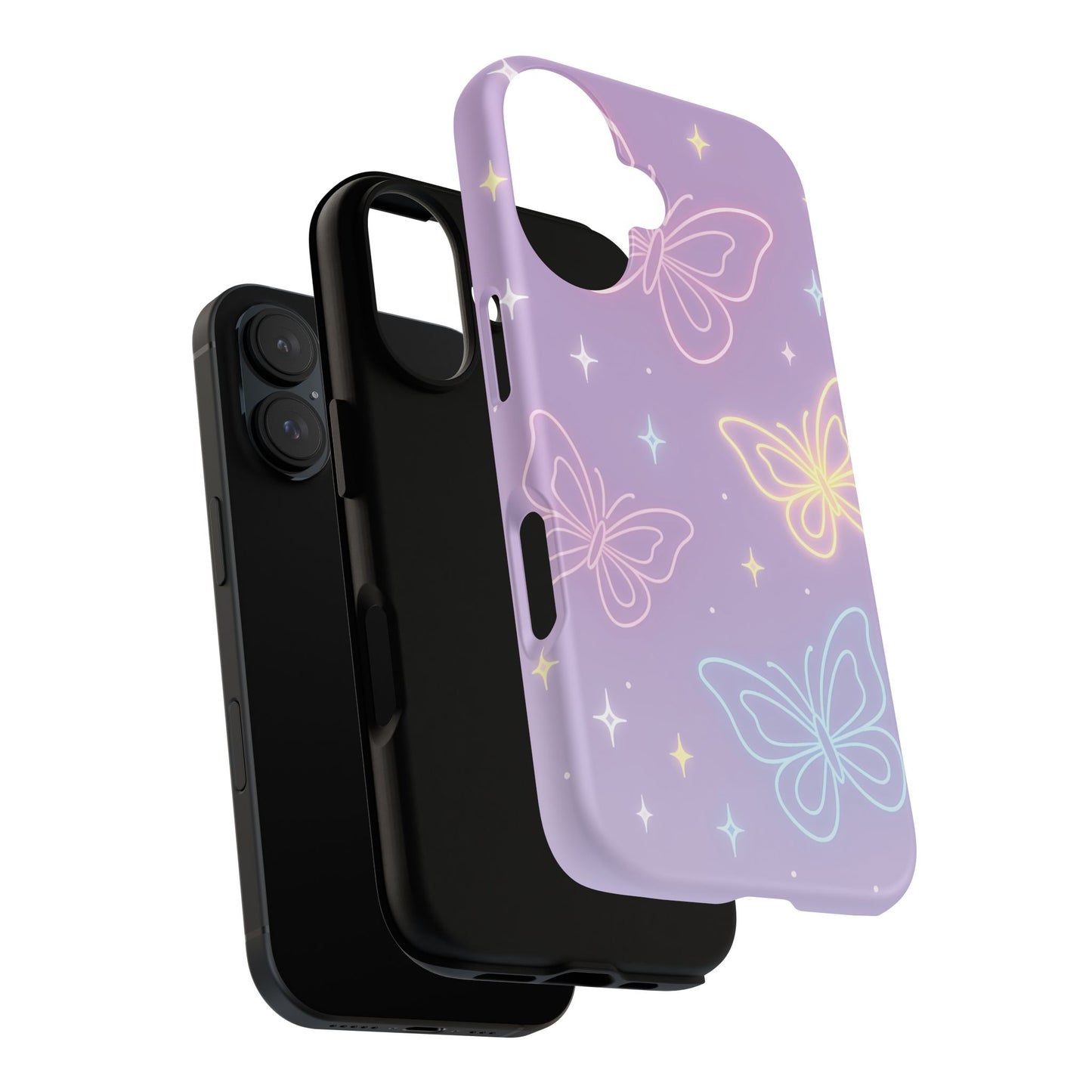 Pastel Butterfly Dream Phone Case – Purple Neon Glow with Stars
