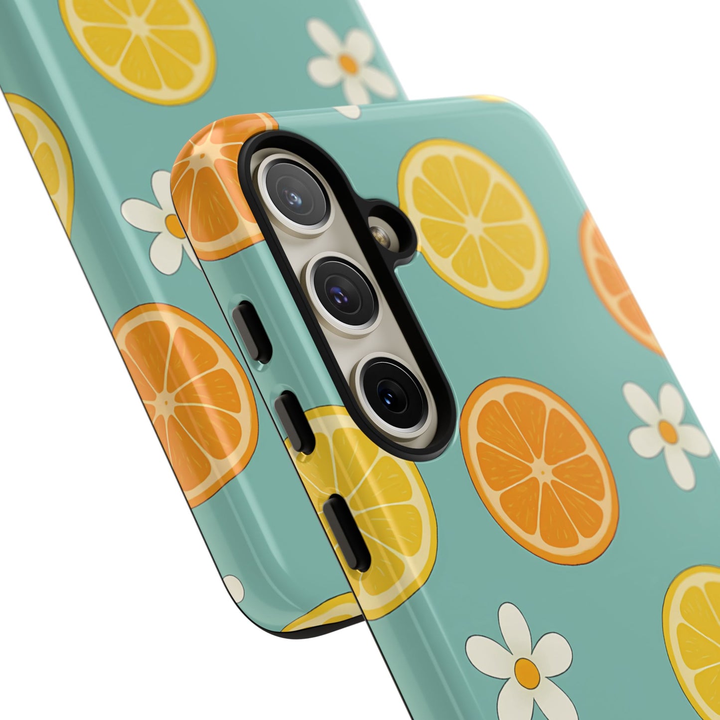 Citrus Bloom Phone Case – Orange, Lemon & Daisy Pattern on Teal