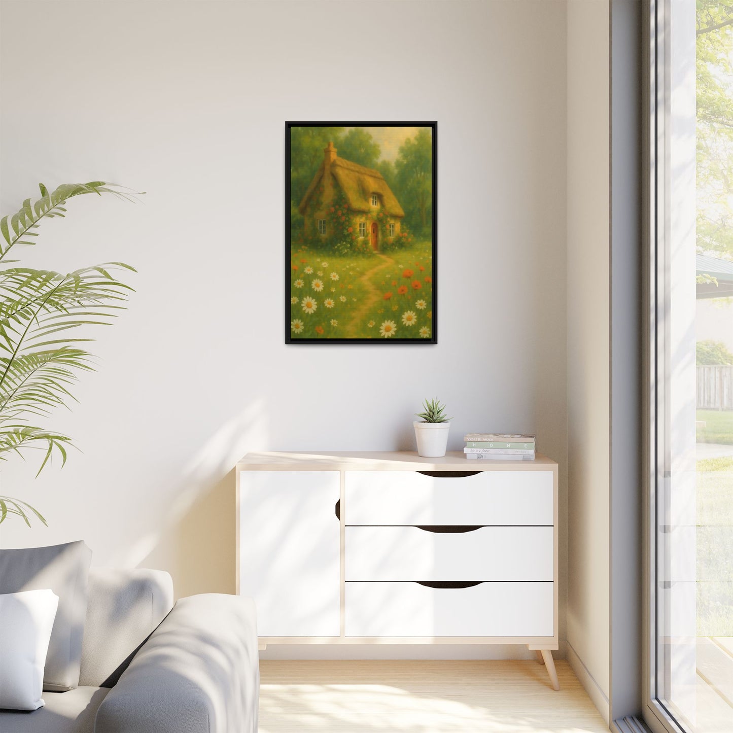 Cottage in Bloom – Framed Matte Canvas Art of Thatched Cottage & Wildflowers