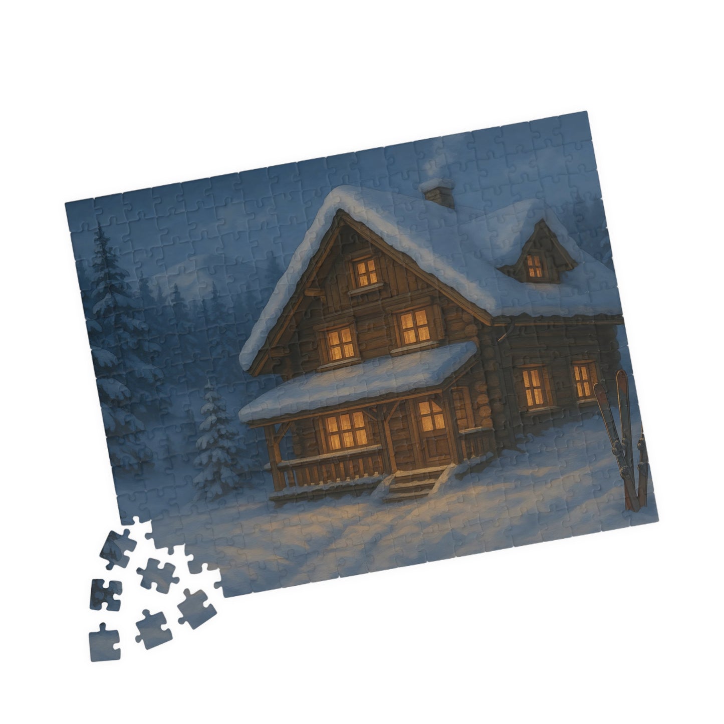 Cozy Winter Cabin Jigsaw Puzzle – Snowy Chalet at Night