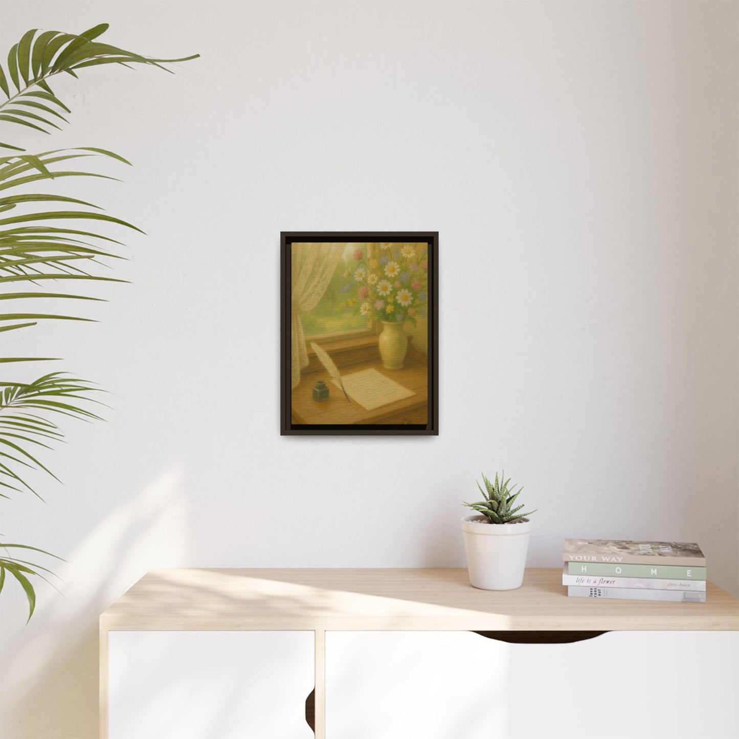 Sunlit Writing Desk – Framed Matte Canvas Art of Quill, Flowers & Lace Window