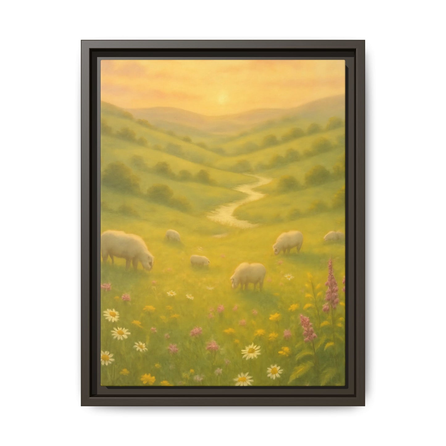 Golden Meadow Sunrise – Framed Matte Canvas Pastoral Landscape Art