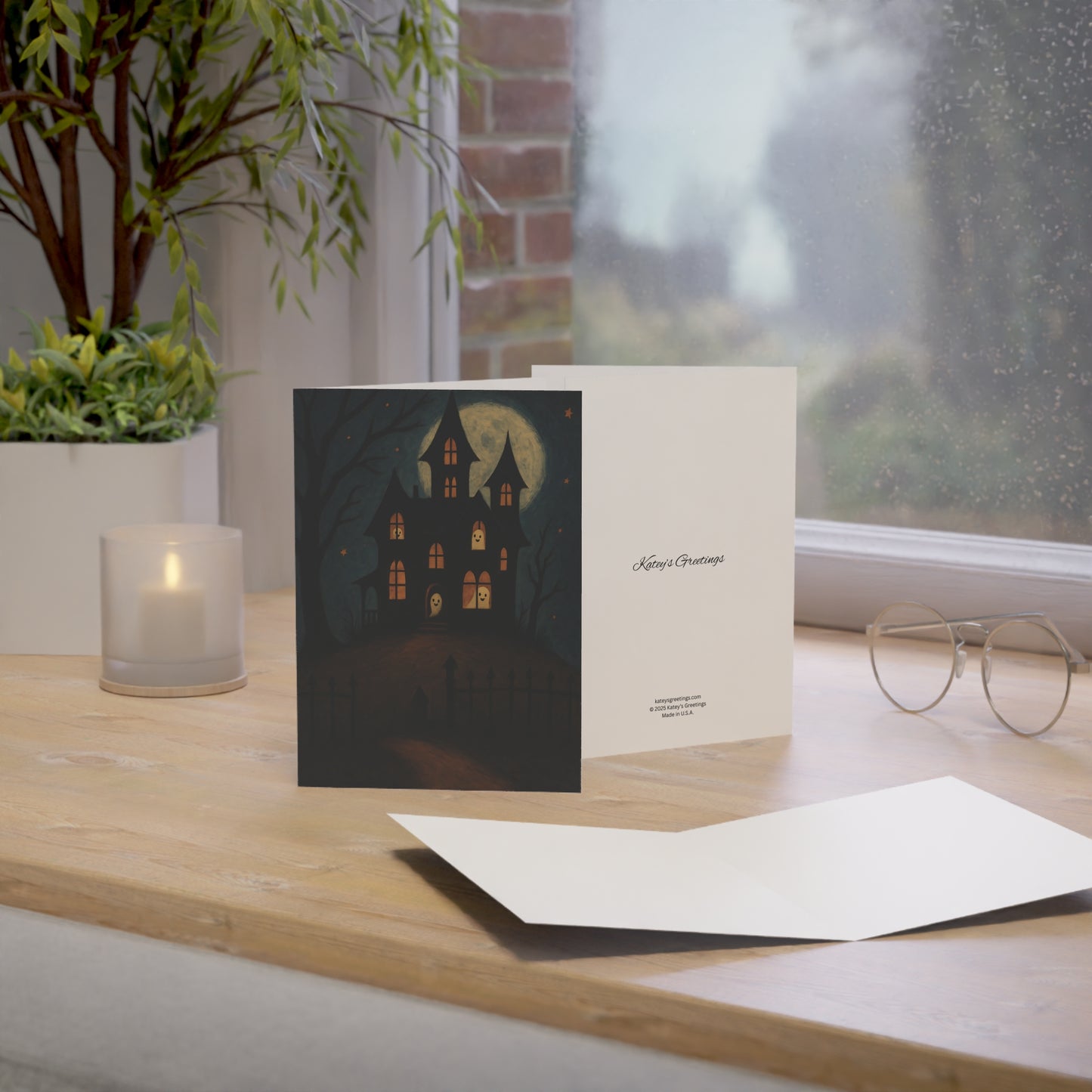 Halloween Card – Haunted House & Friendly Ghosts Under Full Moon – Premium 270gsm Greeting Card + Envelope