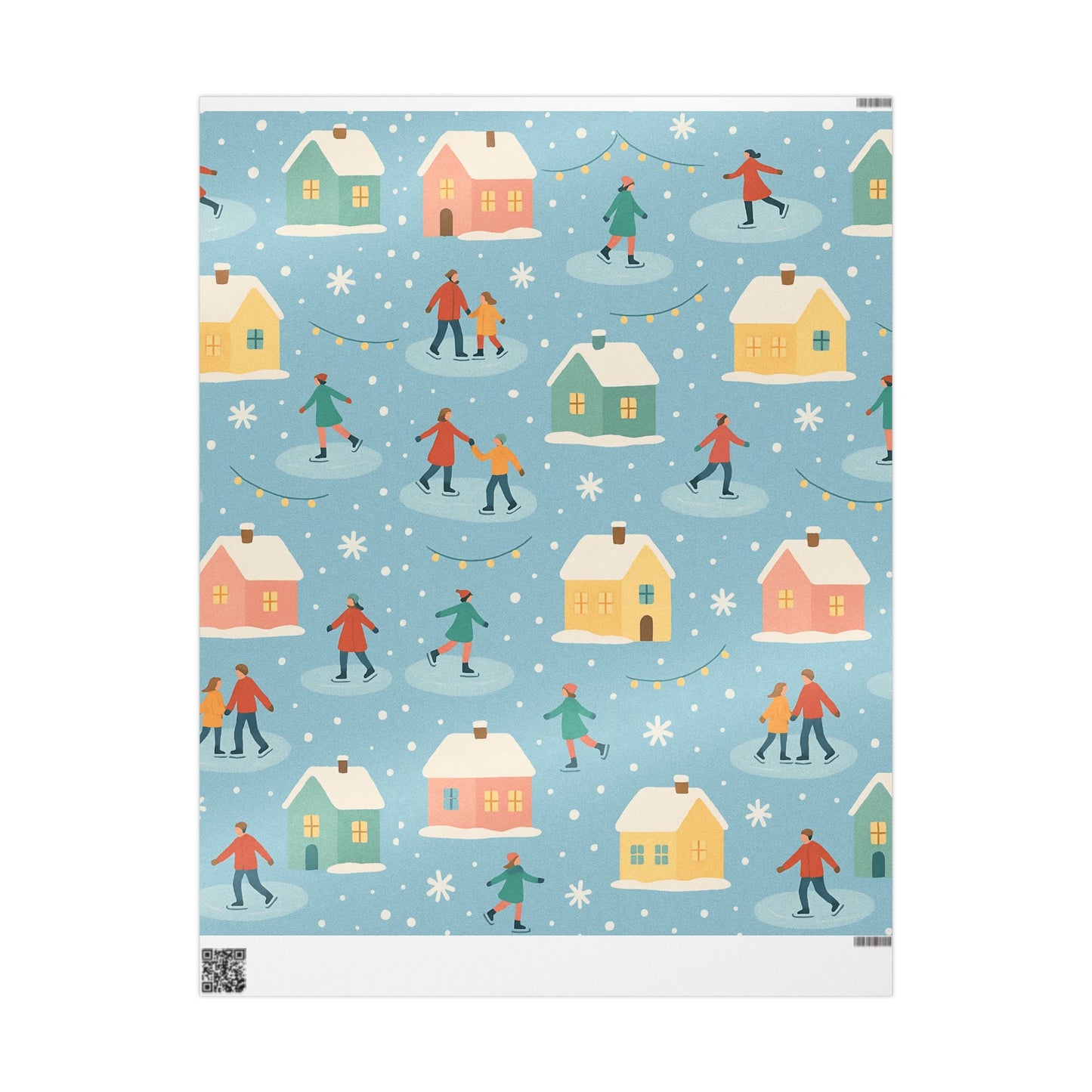 Pastel Winter Village Wrapping Paper with Ice Skaters – Holiday Gift Wrap in Matte or Glossy