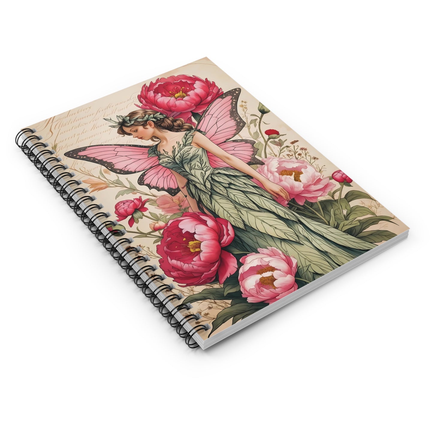 Pink Fairy Garden Spiral Notebook – 6x8 Cottagecore Lined Journal with Document Pocket for Notes and Creative Writing