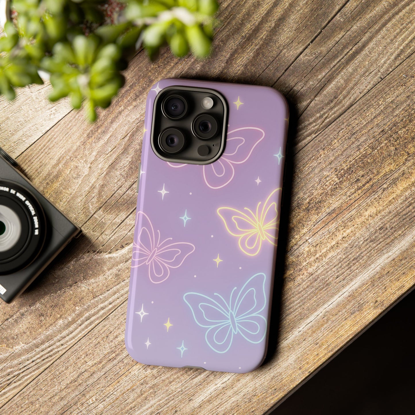 Pastel Butterfly Dream Phone Case – Purple Neon Glow with Stars
