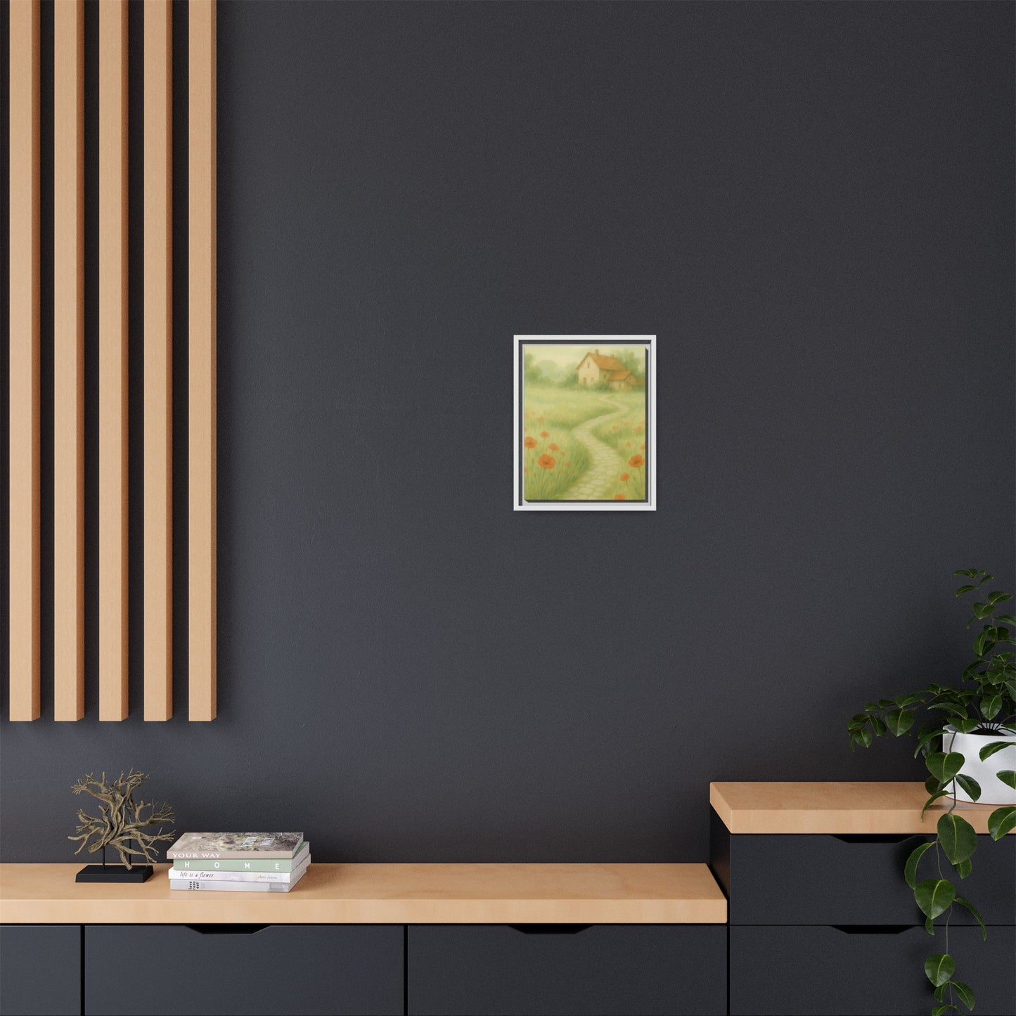 Poppy Path to Home – Framed Matte Canvas of Cottage & Flower Field Landscape