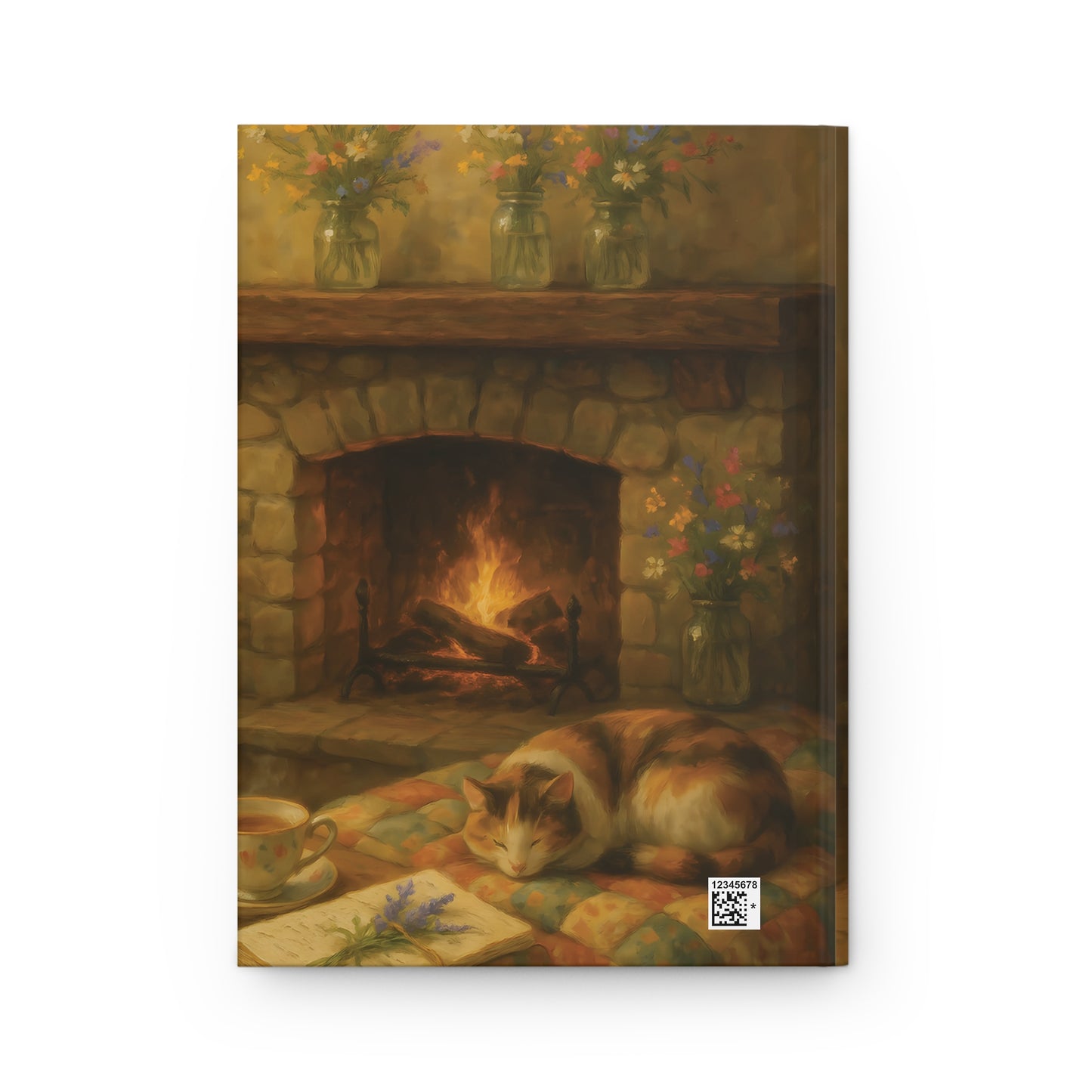 Cozy Hearth Journal – Cat, Fireplace & Tea Hardcover Notebook