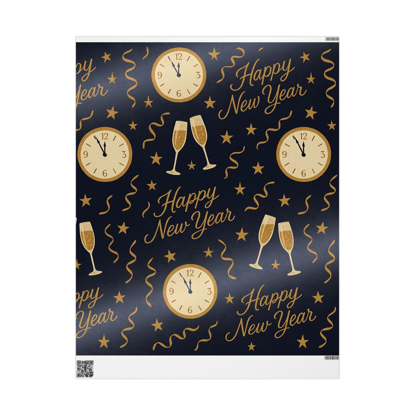 Midnight Celebration New Year Wrapping Paper – Clocks, Champagne & Confetti on Navy