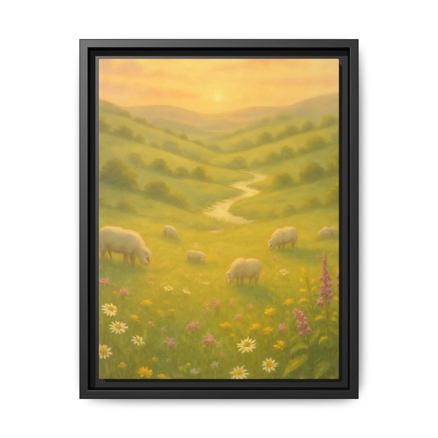 Golden Meadow Sunrise – Framed Matte Canvas Pastoral Landscape Art