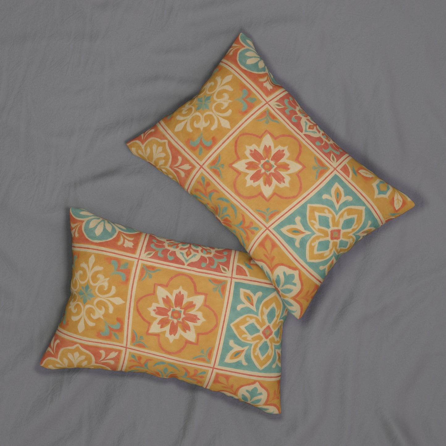 Colorful Spanish Tile Pattern Lumbar Pillow – Boho Accent Cushion with Removable Cover
