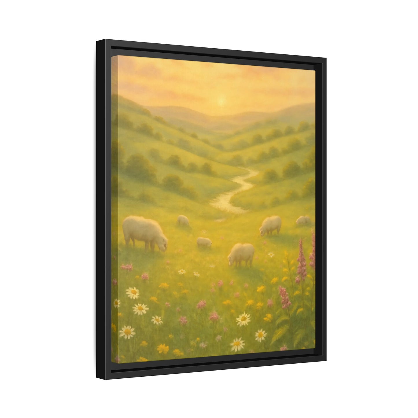 Golden Meadow Sunrise – Framed Matte Canvas Pastoral Landscape Art
