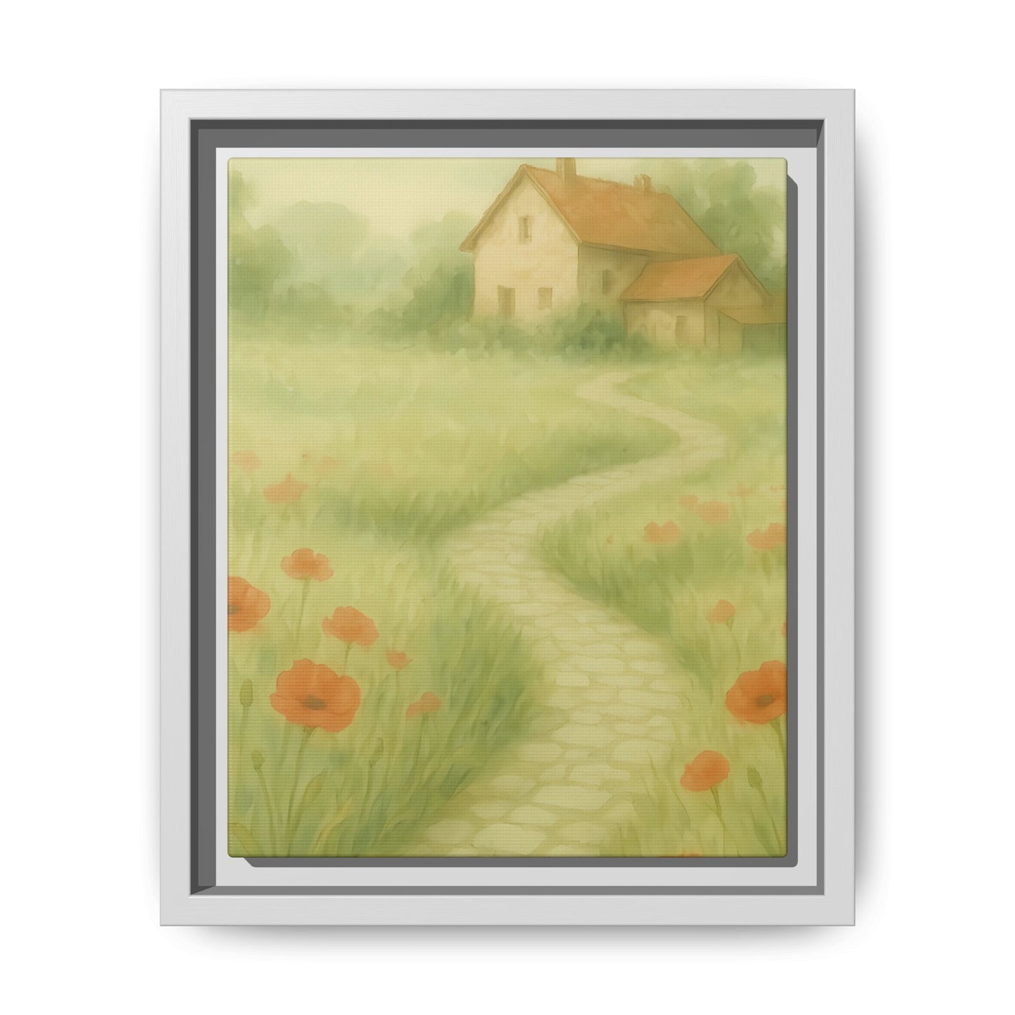 Poppy Path to Home – Framed Matte Canvas of Cottage & Flower Field Landscape