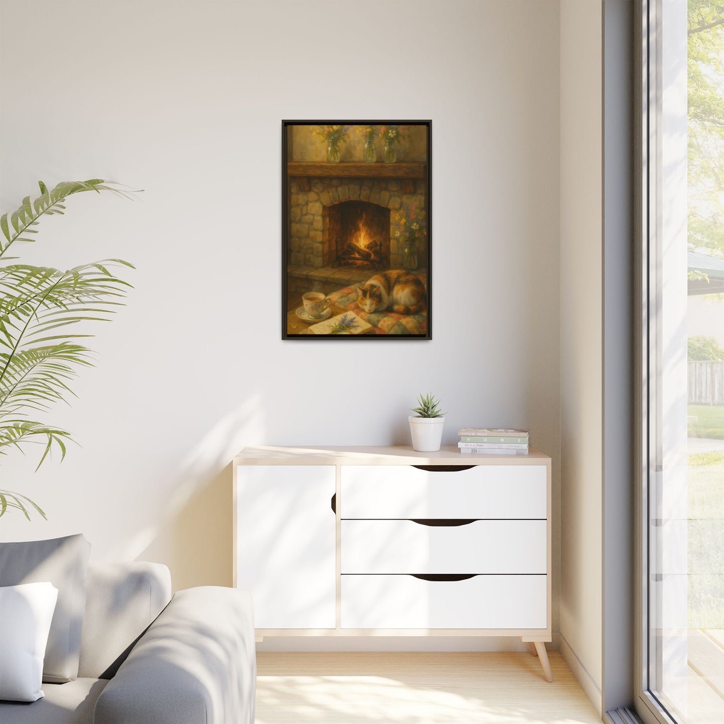 Hearthside Comfort – Framed Matte Canvas with Cat, Fireplace & Tea