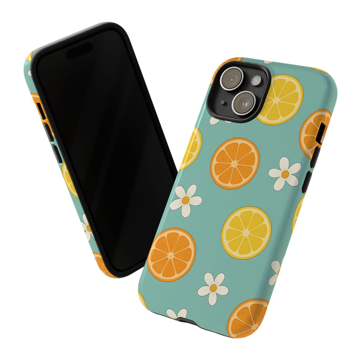Citrus Bloom Phone Case – Orange, Lemon & Daisy Pattern on Teal